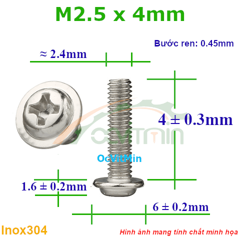 Ốc Bake Đầu Tròn Có Vành M2.5x4mm Inox304 - Oc PaKe Dau Tron Co Vanh