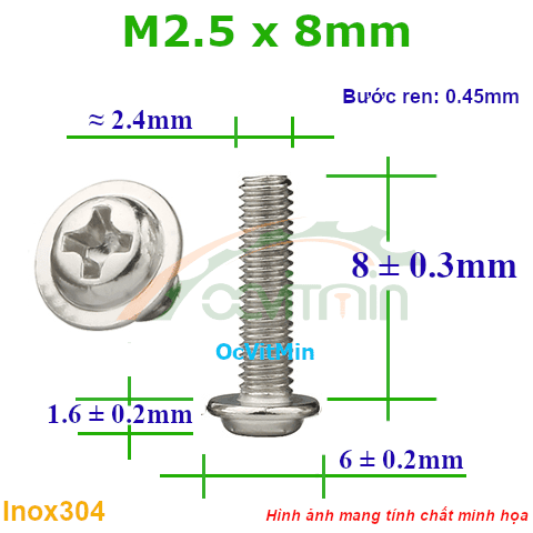 Ốc Bake Đầu Tròn Có Vành M2.5x8mm Inox304 - Oc PaKe Dau Tron Co Vanh