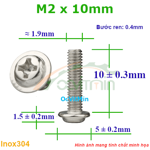 Ốc Bake Đầu Tròn Có Vành M2x10mm Inox304 - Oc PaKe Dau Tron Co Vanh