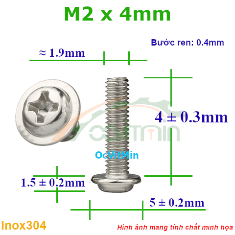 Ốc Bake Đầu Tròn Có Vành M2x4mm Inox304 - Oc PaKe Dau Tron Co Vanh