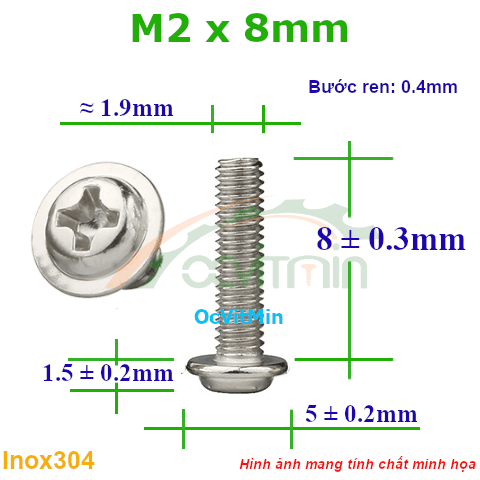 Ốc Bake Đầu Tròn Có Vành M2x8mm Inox304 - Oc PaKe Dau Tron Co Vanh