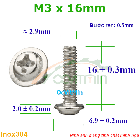 Ốc Bake Đầu Tròn Có Vành M3x16mm Inox304 - Oc PaKe Dau Tron Co Vanh