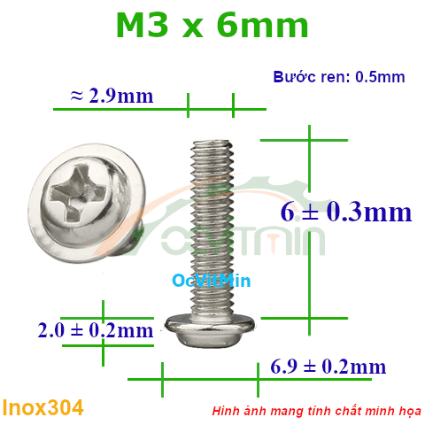 Ốc Bake Đầu Tròn Có Vành M3x6mm Inox304 - Oc PaKe Dau Tron Co Vanh