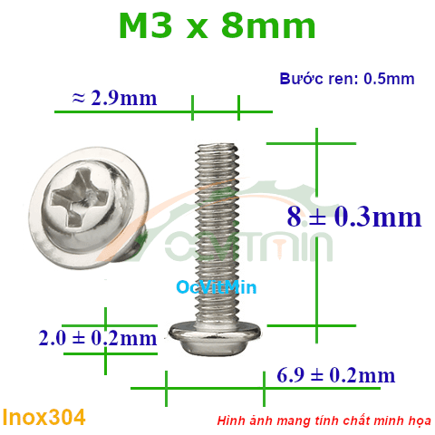 Ốc Bake Đầu Tròn Có Vành M3x8mm Inox304 - Oc PaKe Dau Tron Co Vanh