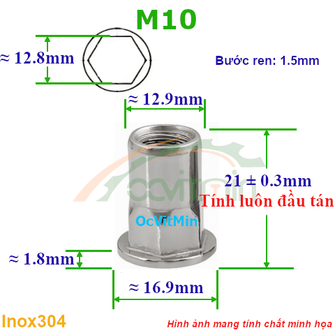 Đai Ốc Rút M10 Lục Giác Tán Inox304 - Dai Oc Tan Ecu Rut Luc Giac