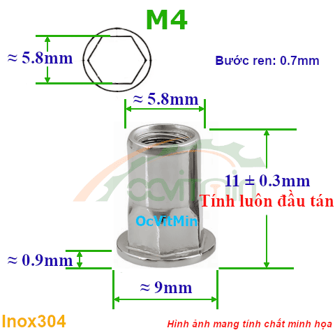 Đai Ốc Rút M4 Lục Giác Tán Inox304 - Dai Oc Tan Ecu Rut Luc Giac