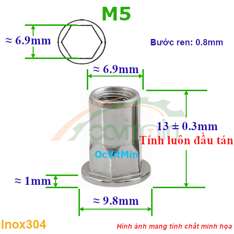 Đai Ốc Rút M5 Lục Giác Tán Inox304 - Dai Oc Tan Ecu Rut Luc Giac