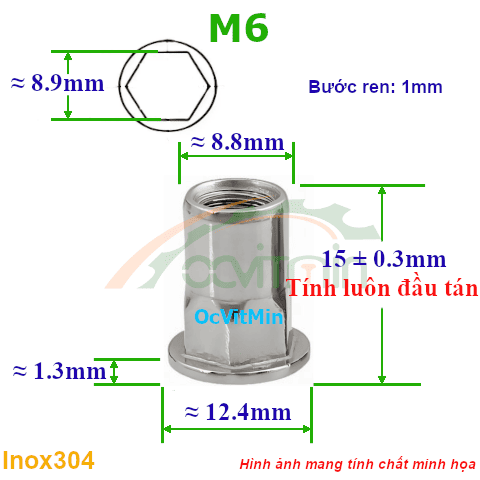 Đai Ốc Rút M6 Lục Giác Tán Inox304 - Dai Oc Tan Ecu Rut Luc Giac