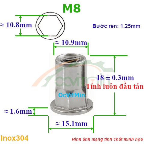 Đai Ốc Rút M8 Lục Giác Tán Inox304 - Dai Oc Tan Ecu Rut Luc Giac
