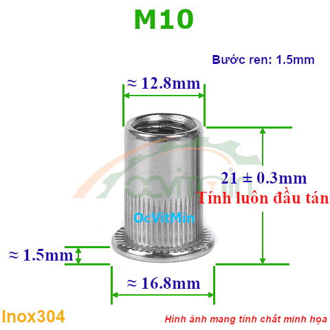 Đai Ốc Rút M10 Tán Inox304 - Dai Oc Tan Ecu Rut