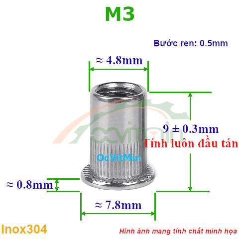 Đai Ốc Rút M3 Tán Inox304 - Dai Oc Tan Ecu Rut