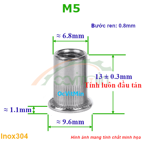 Đai Ốc Rút M5 Tán Inox304 - Dai Oc Tan Ecu Rut