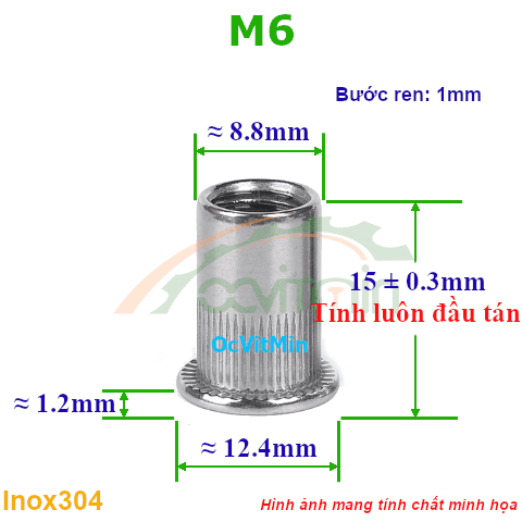 Đai Ốc Rút M6 Tán Inox304 - Dai Oc Tan Ecu Rut