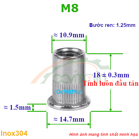 Đai Ốc Rút M8 Tán Inox304 - Dai Oc Tan Ecu Rut