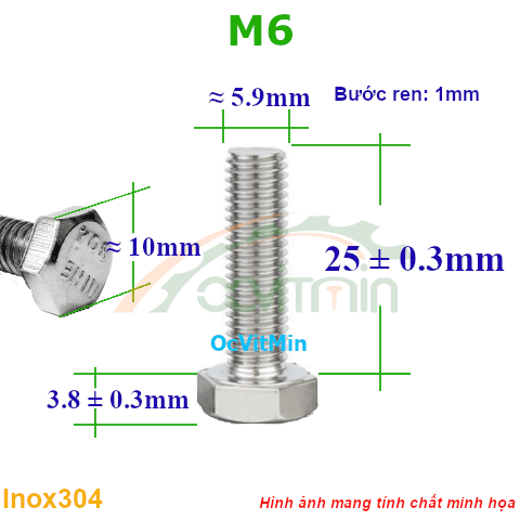 Ốc Đầu Lục Giác Ngoài M6x25mm Bulong Inox304 - Oc Dau Luc Giac Ngoai