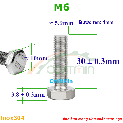 Ốc Đầu Lục Giác Ngoài M6x30mm Bulong Inox304 - Oc Dau Luc Giac Ngoai