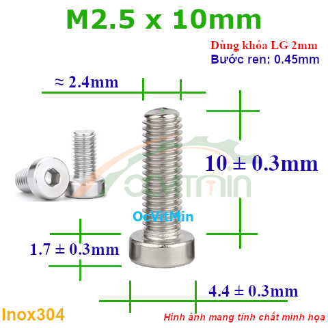 Ốc Lục Giác Đầu Trụ Mỏng M2.5x10mm Inox304 - Oc Luc Giac Dau Tru Mong