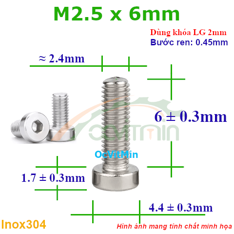 Ốc Lục Giác Đầu Trụ Mỏng M2.5x6mm Inox304 - Oc Luc Giac Dau Tru Mong