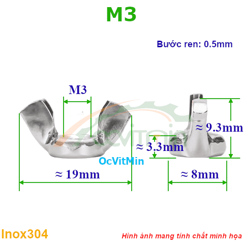 Đai Ốc Chuồn M3 Tán Tai Hồng Inox304 - Dai Oc Chuon Tan Ecu Tai Hong