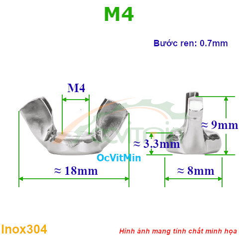 Đai Ốc Chuồn M4 Tán Tai Hồng Inox304 - Dai Oc Chuon Tan Ecu Tai Hong