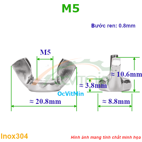 Đai Ốc Chuồn M5 Tán Tai Hồng Inox304 - Dai Oc Chuon Tan Ecu Tai Hong
