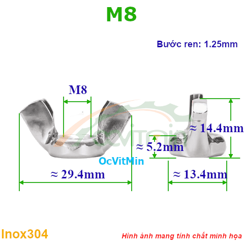 Đai Ốc Chuồn M8 Tán Tai Hồng Inox304 - Dai Oc Chuon Tan Ecu Tai Hong