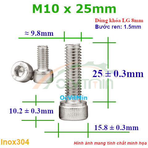 Ốc Lục Giác Đầu Trụ M10x25mm Inox304 - Oc Luc Giac Dau Tru
