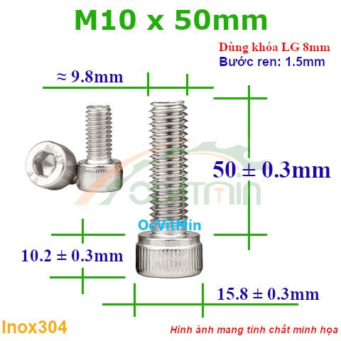 Ốc Lục Giác Đầu Trụ M10x50mm Inox304 - Oc Luc Giac Dau Tru