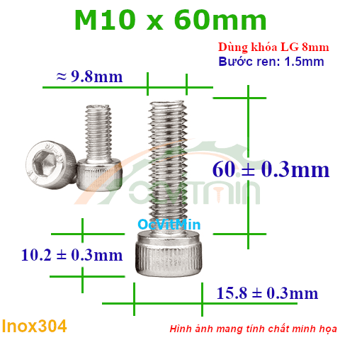 Ốc Lục Giác Đầu Trụ M10x60mm Inox304 - Oc Luc Giac Dau Tru