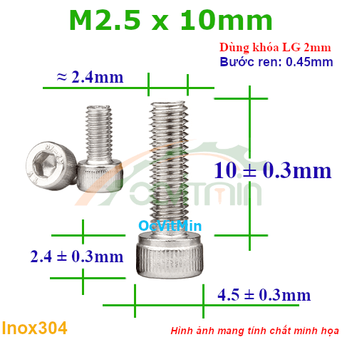 Ốc Lục Giác Đầu Trụ M2.5x10mm Inox304 - Oc Luc Giac Dau Tru