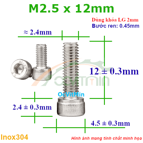 Ốc Lục Giác Đầu Trụ M2.5x12mm Inox304 - Oc Luc Giac Dau Tru