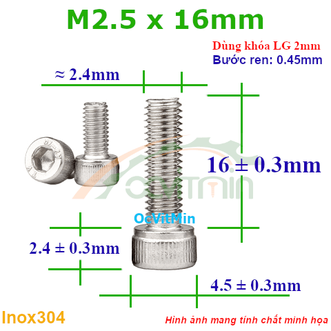 Ốc Lục Giác Đầu Trụ M2.5x16mm Inox304 - Oc Luc Giac Dau Tru