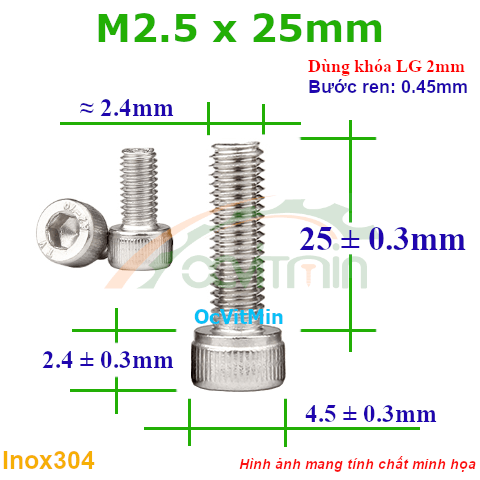 Ốc Lục Giác Đầu Trụ M2.5x25mm Inox304 - Oc Luc Giac Dau Tru