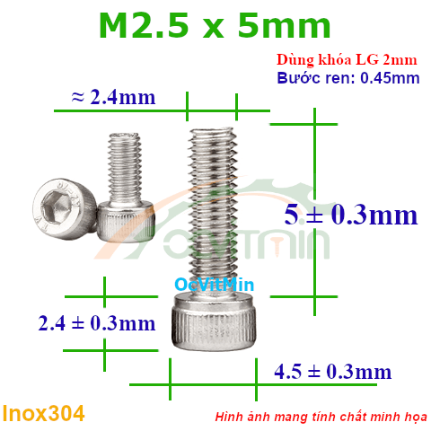 Ốc Lục Giác Đầu Trụ M2.5x5mm Inox304 - Oc Luc Giac Dau Tru