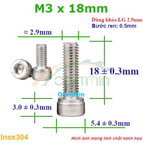 Ốc Lục Giác Đầu Trụ M3x18mm Inox304