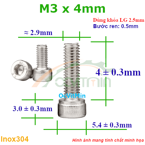 Ốc Lục Giác Đầu Trụ M3x4mm Inox304