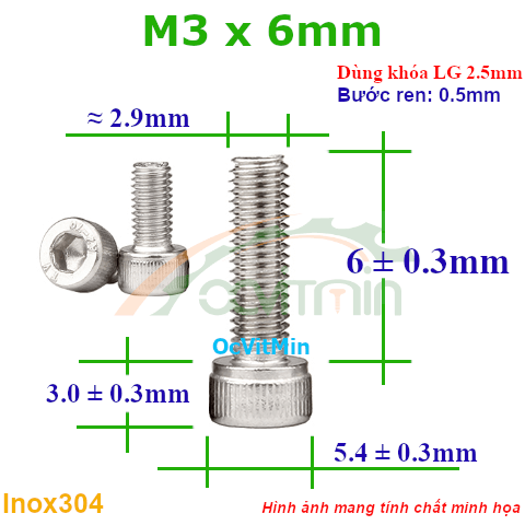 Ốc Lục Giác Đầu Trụ M3x6mm Inox304