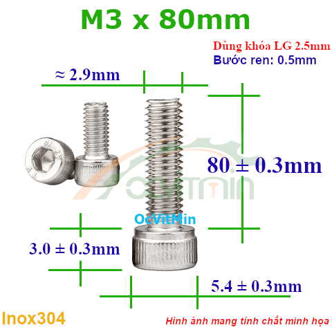 Ốc Lục Giác Đầu Trụ M3x80mm Inox304