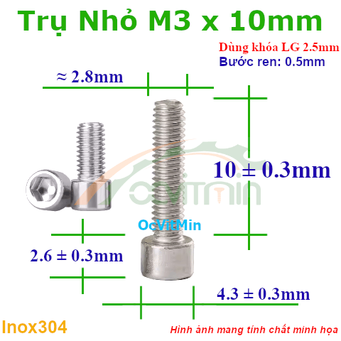 Ốc Lục Giác Đầu Trụ Nhỏ M3x10mm Inox304 - Oc Luc Giac Dau Tru Nho