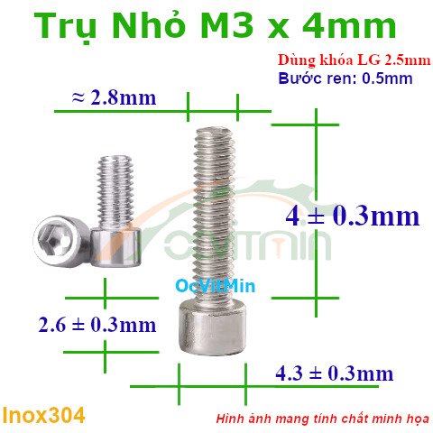 Ốc Lục Giác Đầu Trụ Nhỏ M3x4mm Inox304 - Oc Luc Giac Dau Tru Nho