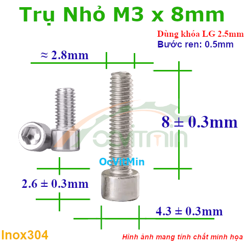 Ốc Lục Giác Đầu Trụ Nhỏ M3x8mm Inox304 - Oc Luc Giac Dau Tru Nho