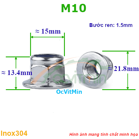 Đai Ốc Khóa Liền Long Đen M10 Tán Inox304 - Dai Oc Khoa Tan Ecu Lien Long Den