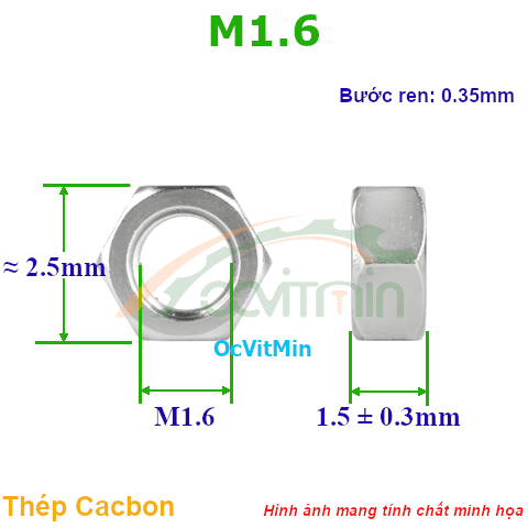 Đai Ốc Lục Giác M1.6 Tán Thép Mạ - Dai Oc Tan Ecu Luc Giac