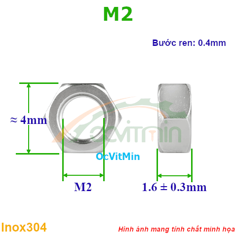 Đai Ốc Lục Giác M2 Tán Inox304 - Dai Oc Tan Ecu Luc Giac