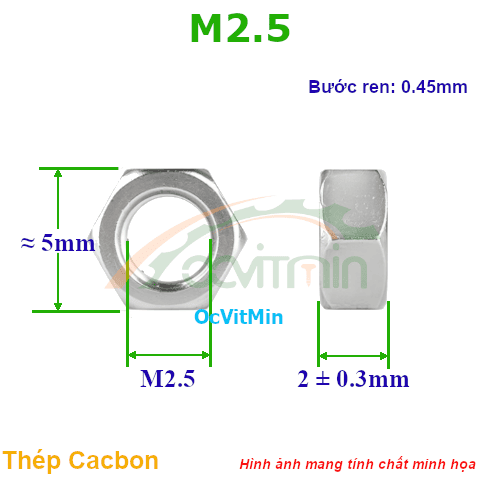 Đai Ốc Lục Giác M2.5 Tán Thép Mạ - Dai Oc Tan Ecu Luc Giac