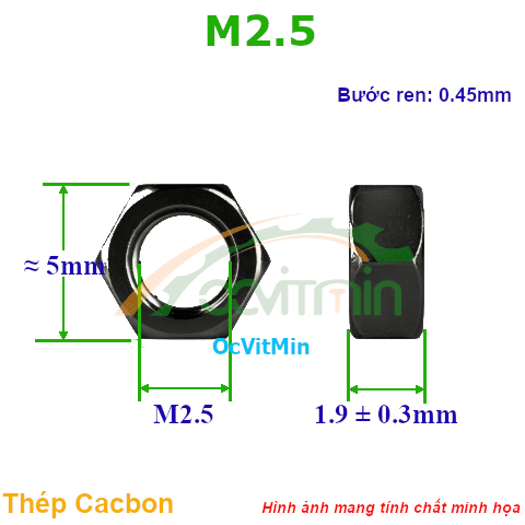 Đai Ốc Lục Giác M2.5 Tán Thép Đen - Dai Oc Tan Ecu Luc Giac