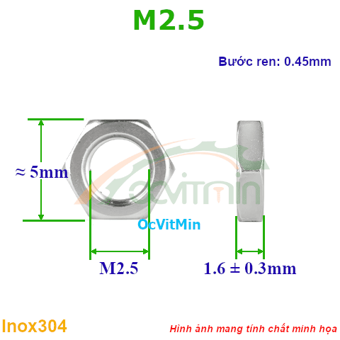 Đai Ốc Lục Giác Mỏng M2.5 Tán Inox304 - Dai Oc Tan Ecu Luc Giac Mong