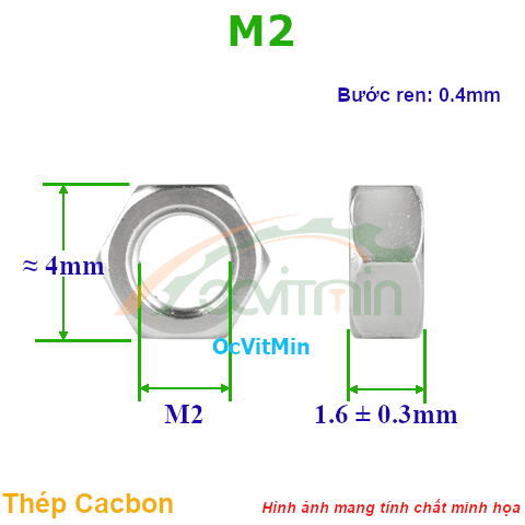 Đai Ốc Lục Giác M2 Tán Thép Mạ - Dai Oc Tan Ecu Luc Giac