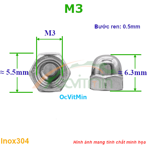 Đai Ốc Chỏm Cầu M3 Tán Bầu Ecu Mũ Inox304 - Dai Oc Chom Cau Tan Bau Ecu Mu