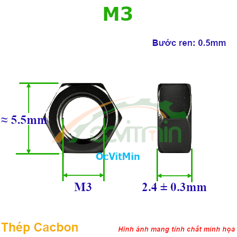 Đai Ốc Lục Giác M3 Tán Thép Đen - Dai Oc Tan Ecu Luc Giac